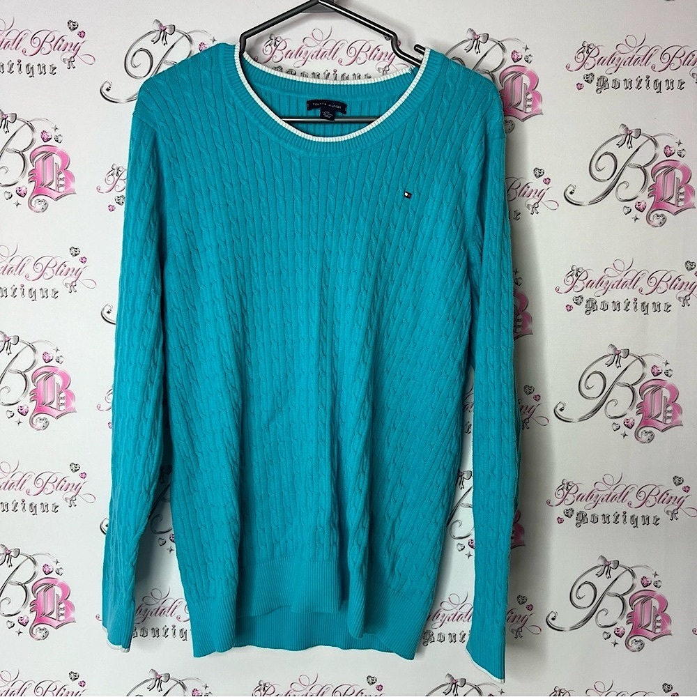 Tommy Hilfiger Teal Cable Knit Sweater white trim logo